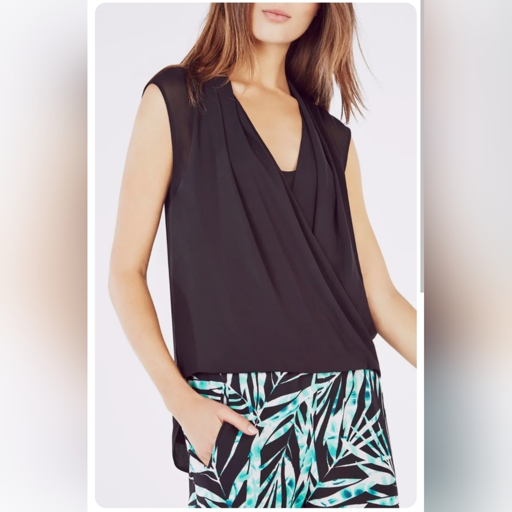 BCBGMAXAZRIA Remy Sheer Drape Sleeveless High Low Black Blouse Size Small